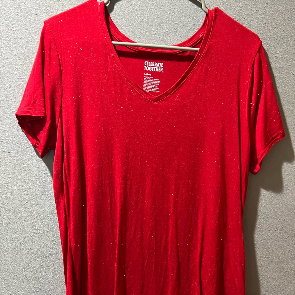 Red sparkly v neck t shirt, WORN ONCE